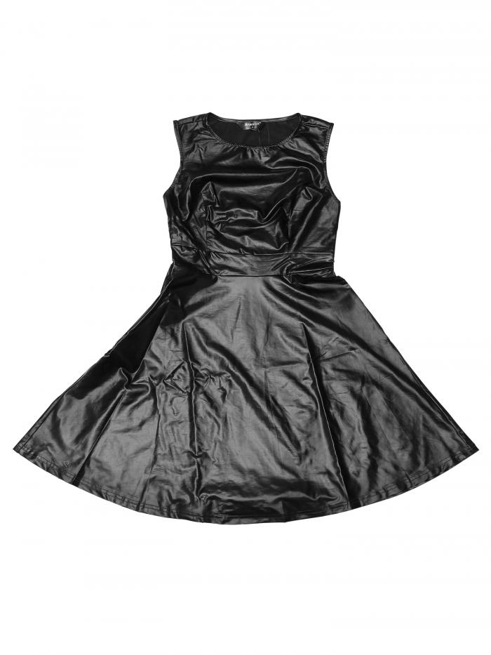 Allegra K ミニドレス メタリック ハイウエスト ワンピース ノースリーブ 丸首 クリスマス レディース ブラック S