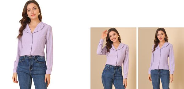 Allegra K フリル襟 シャツ 水玉 パフスリーブ ボタンフロント カジュアル レディース パープル S