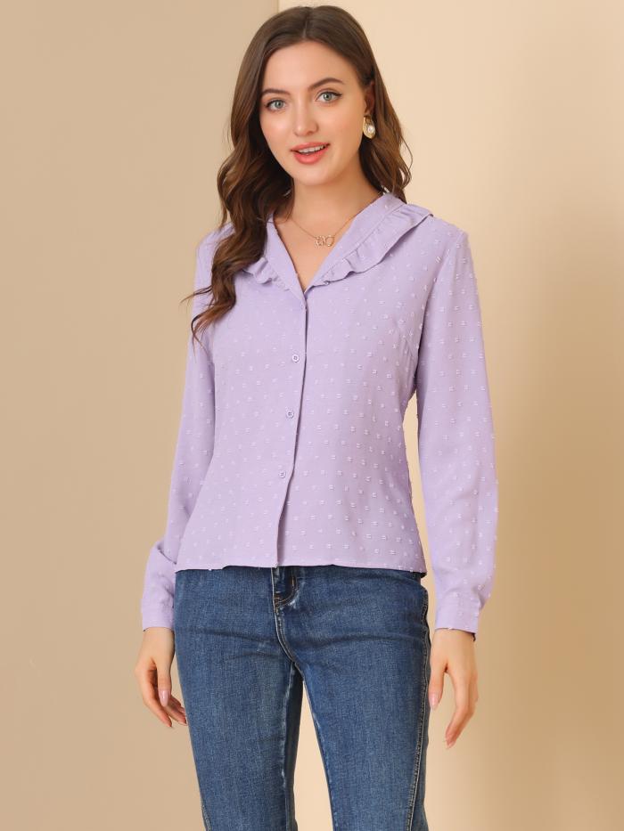 Allegra K フリル襟 シャツ 水玉 パフスリーブ ボタンフロント カジュアル レディース パープル S