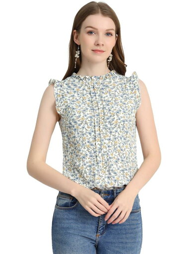 Allegra K フリルブラウス ノースリーブ プリーツ トップス オフィス カジュアル レディース ベージュイエロー S Allegra K フリルブラウス ノースリーブ プリーツ トップス オフィス カジュアル レディース ベージュイエロー S