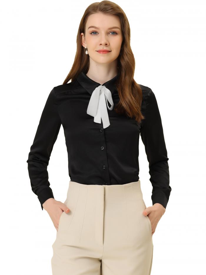 Allegra K ブラウス レディース 長袖 サテンブラウス リボン付き シャツ オフィス トップ 着痩せ おしゃれ ボウタイブラウス 通勤 エレガント OL ブラック S