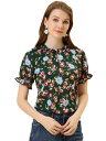 Allegra K 花柄 トップス ブラウス フリルネック モックネック 半袖 フローラル カジュアル レディース ダークグリーン M(4)