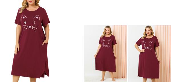 Agnes Orinda プラスサイズ ナイトガウン 寝間着 パジャマ ポケット 柔らかい かわいい バレンタインデー レディース ブルゴーニュ 2XL