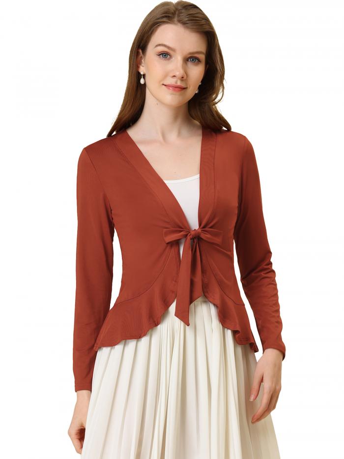 Allegra K ニット カーディガン 長袖 裾フリル タイフロント 無地 スリム 細身 レディース ブラウンレッド S