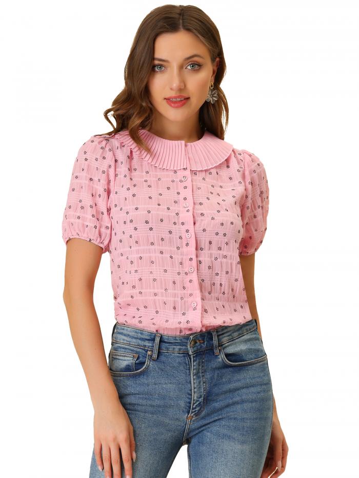 Allegra K プリーツ襟 ブラウス シャツ パフスリーブ 半袖 ボタン 花柄 レディース ライトピンク M