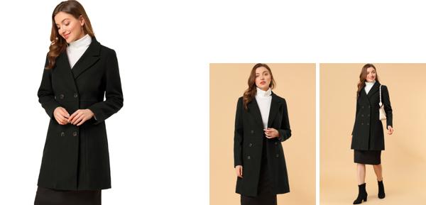 Allegra K ロングコート ピーコート ダブルブレスト ノッチドラペル 冬 レディース ブラック XL