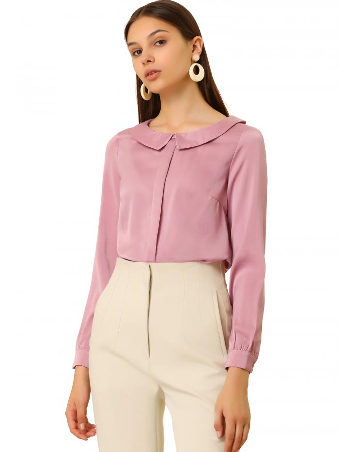 Allegra K サテンブラウス ワークシャツ 丸襟 フェイク前立て エレガント レトロ レディース ピンク XS