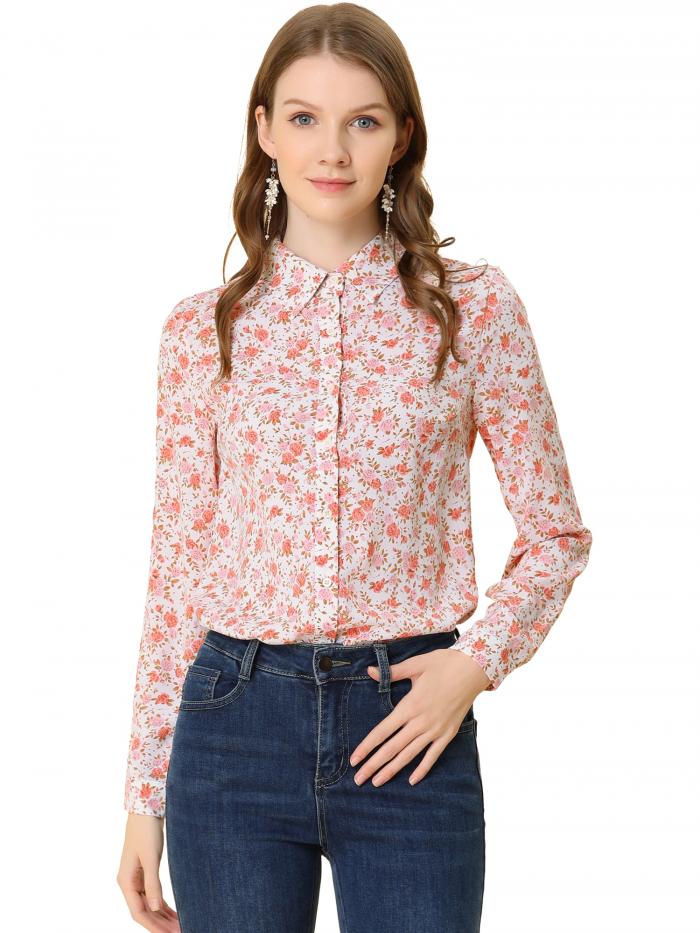 Allegra K 花柄シャツ ブラウス 長袖 おしゃれ ボタンダウン 通勤 オフィス カジュアル レディース ホワイト ピンク花 L