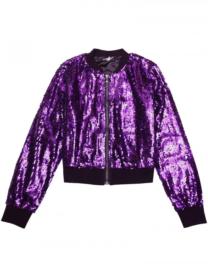 Allegra K ボンバージャケット スパンコールトップ 長袖 シャイニー パーティー レディース パープル L