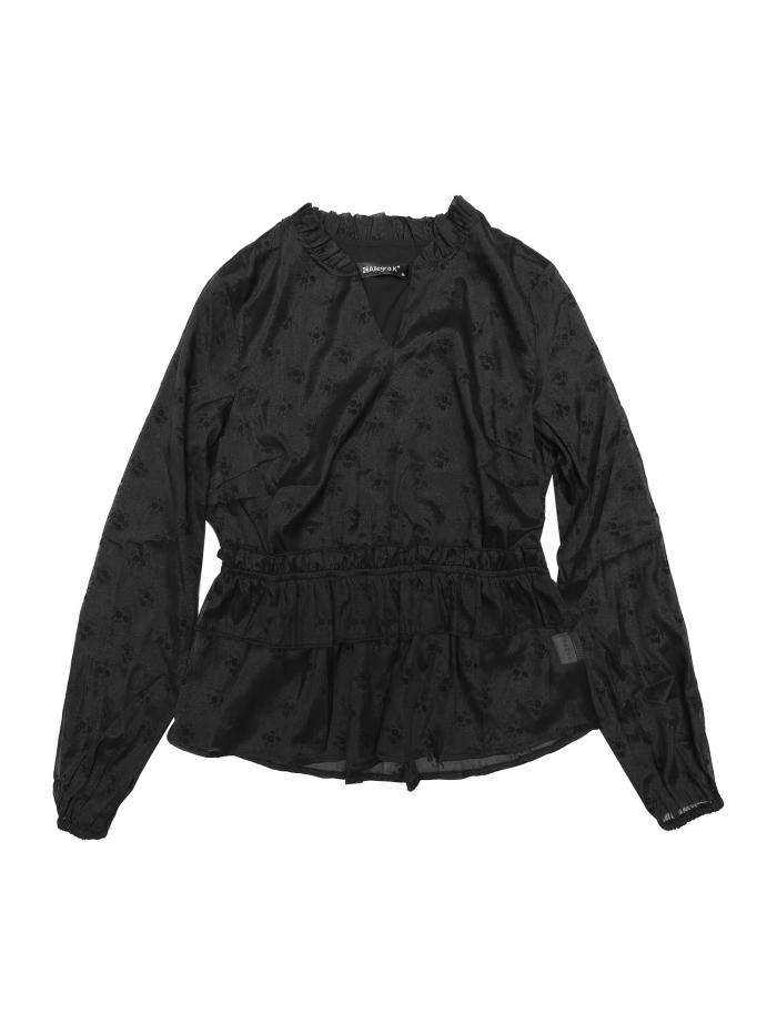 Allegra K シフォンペプラムブラウス フリルス プリットネック 長袖 レディース ブラック L