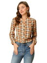 Allegra K チェック柄 トップス ブラウス Vネック 長袖 千鳥格子 ボタンシャツ カジュアル レディース アプリコット XS