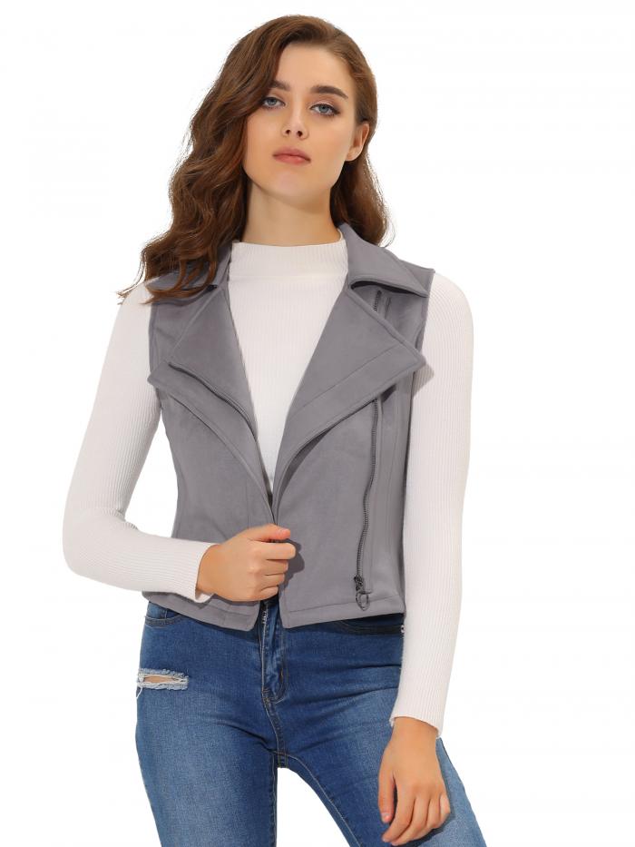 Allegra K フェイクスエード ベスト ノースリーブ バイカージャケット カジュアル レディース グレー XS