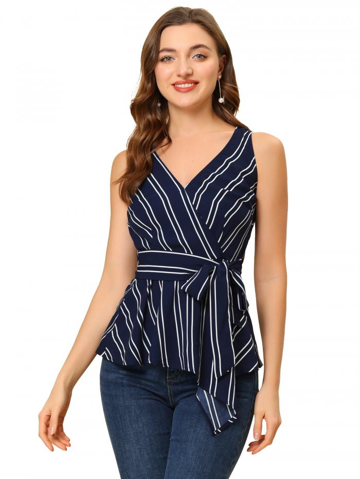 Allegra K ノースリーブ トップス カシュクール 縞 ストライプ柄 Vネック ラップタイ ウエストリボン レディース ネイビーブルー XS
