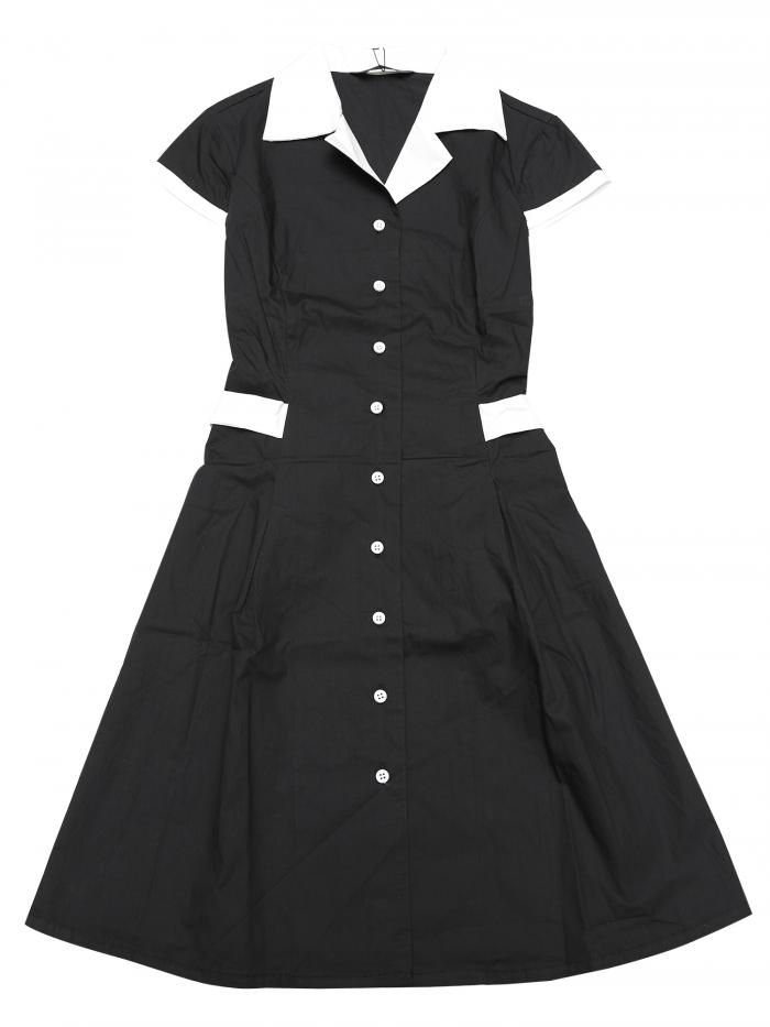 Allegra K Aラインシャツドレス コントラストカフス ボタンフロント ベルト付き 膝上 レギュラーフィット キャンプ襟 レディース ブラック L