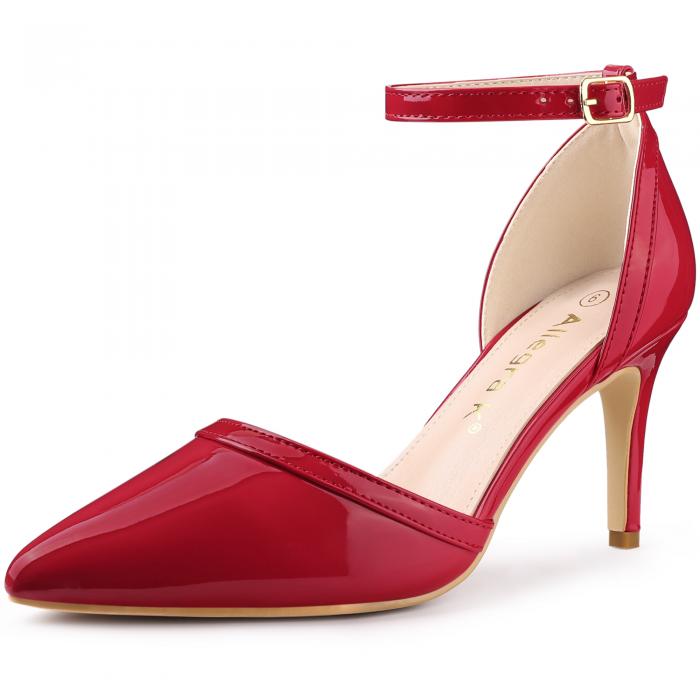 Allegra K アンクルストラップ パンプス ピンヒール スティレットヒール ポインテッドトゥ レディース レッド 26.0cm