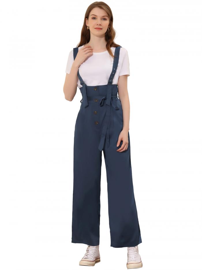Allegra K サロペットパンツ ハイウエスト オーバーオール 前ボタン ワイドパンツ レディース ネイビーブルー XS