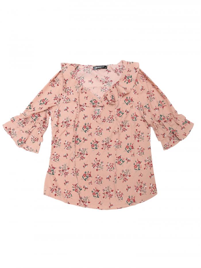 Allegra K 花柄ブラウス フリルボウタイネック レイヤード フリル袖 カジュアル レディース ピンク XS