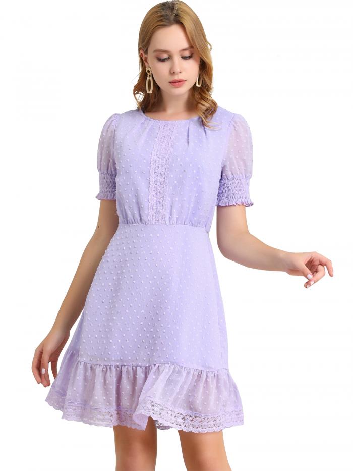 Allegra K シフォンワンピース ドレス パフスリーブ 半袖 ラッフルヘム レディース パープル XL