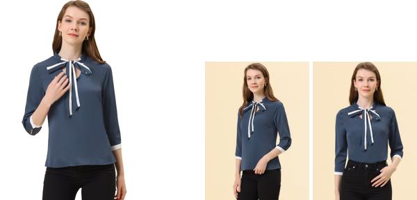 Allegra K ブラウス ネクタイVネック シャツ 通勤トップス ボタン袖口 ワーク オフィス エレガント レディース ブルー S