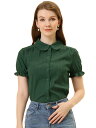 Allegra K シャツ 丸襟 半袖 コットン 花柄 カジュアル 夏 トップス レディース ダークグリーン XS