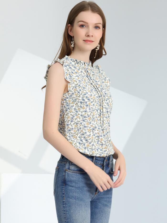 Allegra K レディース ノースリーブトップス フリル付き ビジネスオフィス 1950年代 ヴィンテージ フローラル ブラウス ホワイト-フローラル XL