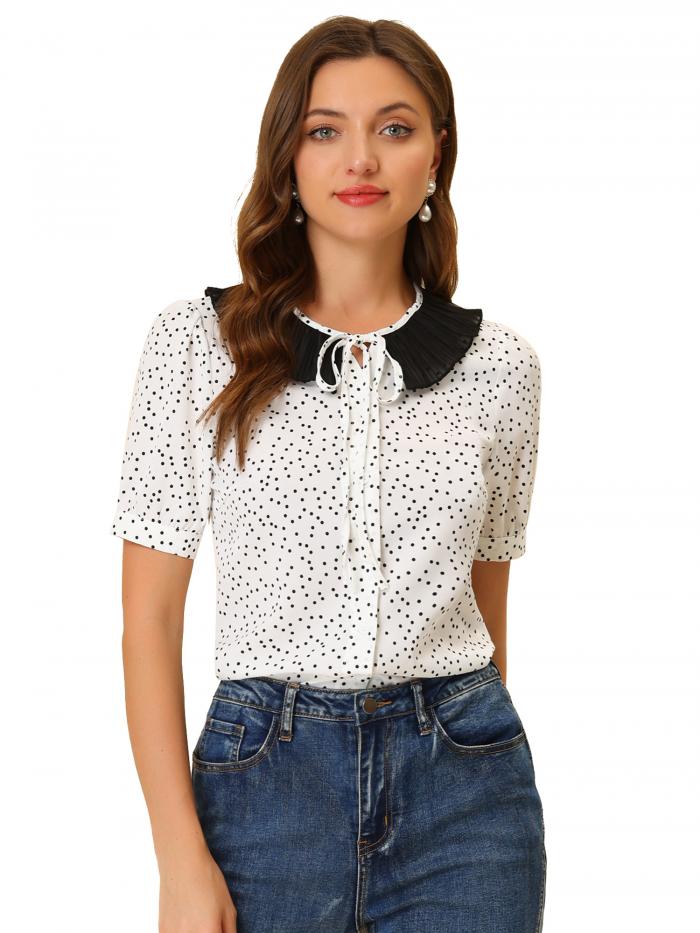 Allegra K 水玉ブラウス トップス 丸襟 ボタンダウン シャツコントラスト レディース ホワイト L(4)