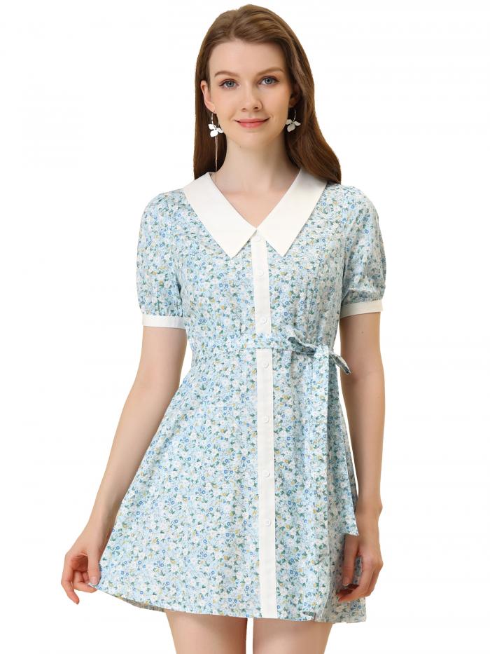 Allegra K 花柄ワンピース ドレス ポイントカラー ボタンアップ ベルト レディース ブルー XL
