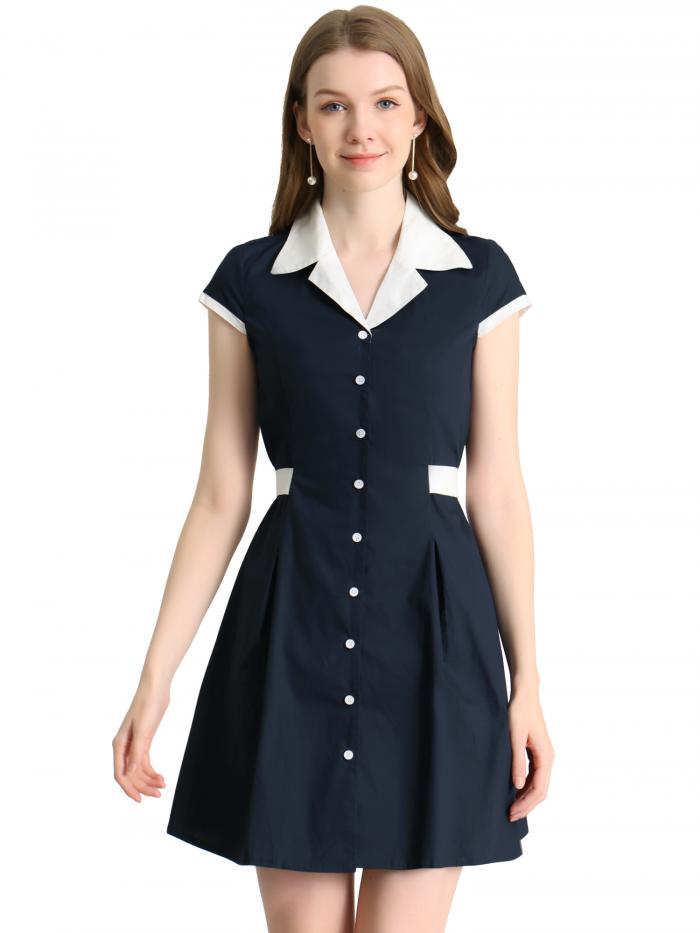 Allegra K Aラインシャツドレス コントラストカフス ボタンフロント ベルト付き 膝上 レギュラーフィット キャンプ襟 レディース ネイビーブルー L