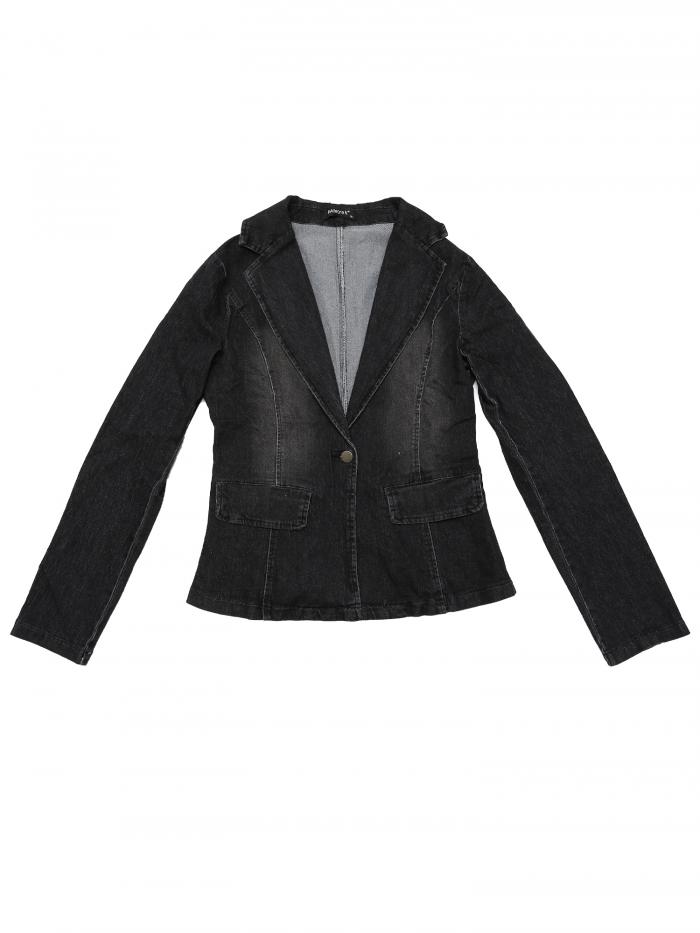 Allegra K ウォッシュド デニム ブレザー ジャケット ノッチ付きラペル ボタンアップ 長袖 レディース ブラック M