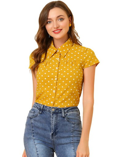 Allegra K 水玉トップス シャツ 半袖 ヴィンテージ カジュアル レディース イエロー L Allegra K 水玉トップス シャツ 半袖 ヴィンテージ カジュアル レディース イエロー L