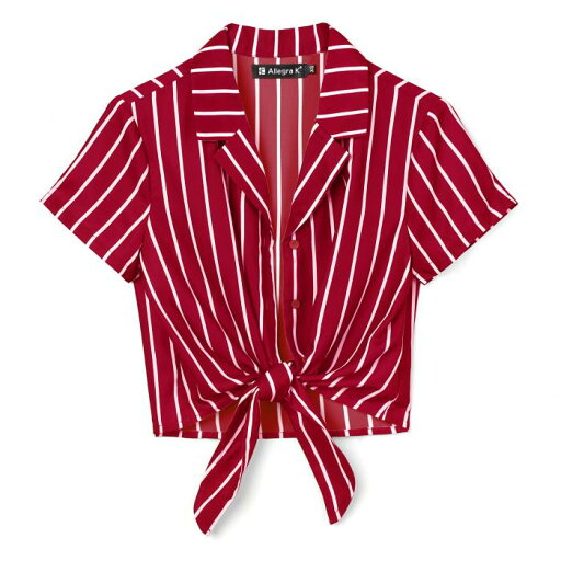 Allegra K 縦ストライプ シャツ 襟付き クロップ ショート丈 半袖 レトロ クロップドトップス レディース レッド XL Allegra K 縦ストライプ シャツ 襟付き クロップ ショート丈 半袖 レトロ クロップドトップス レディース レッド XL