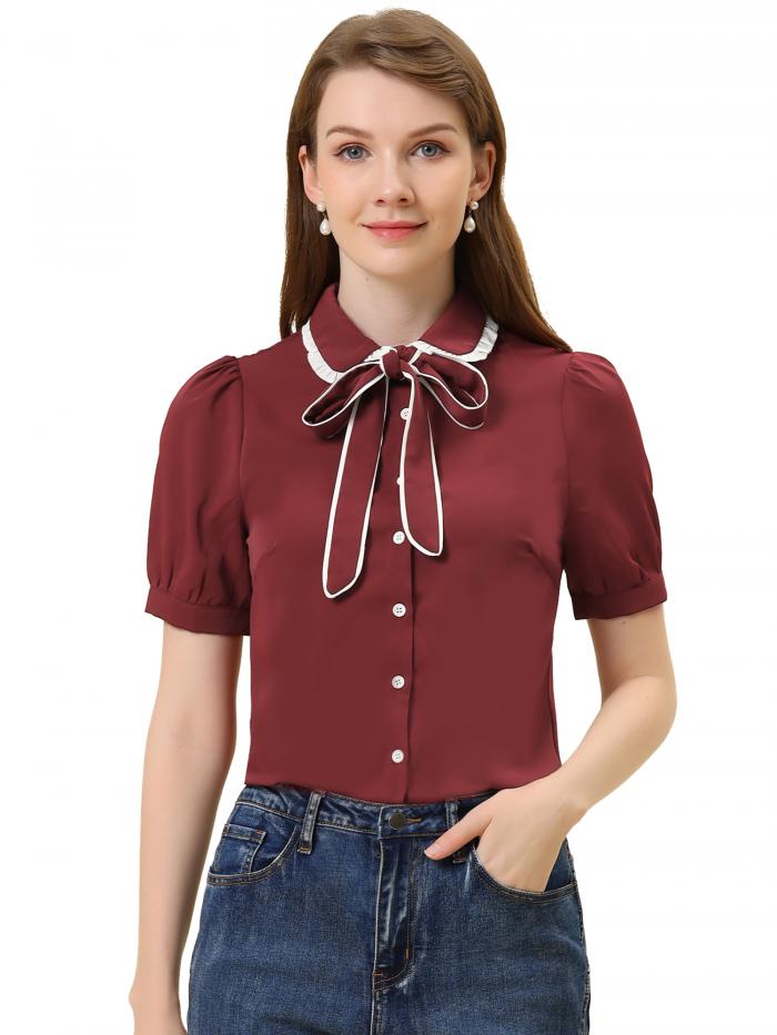 Allegra K ボウタイ シャツ ブラウス コントラスト パフスリーブ 半袖 ボタン留め ネクタイネック レディース ワインレッド M