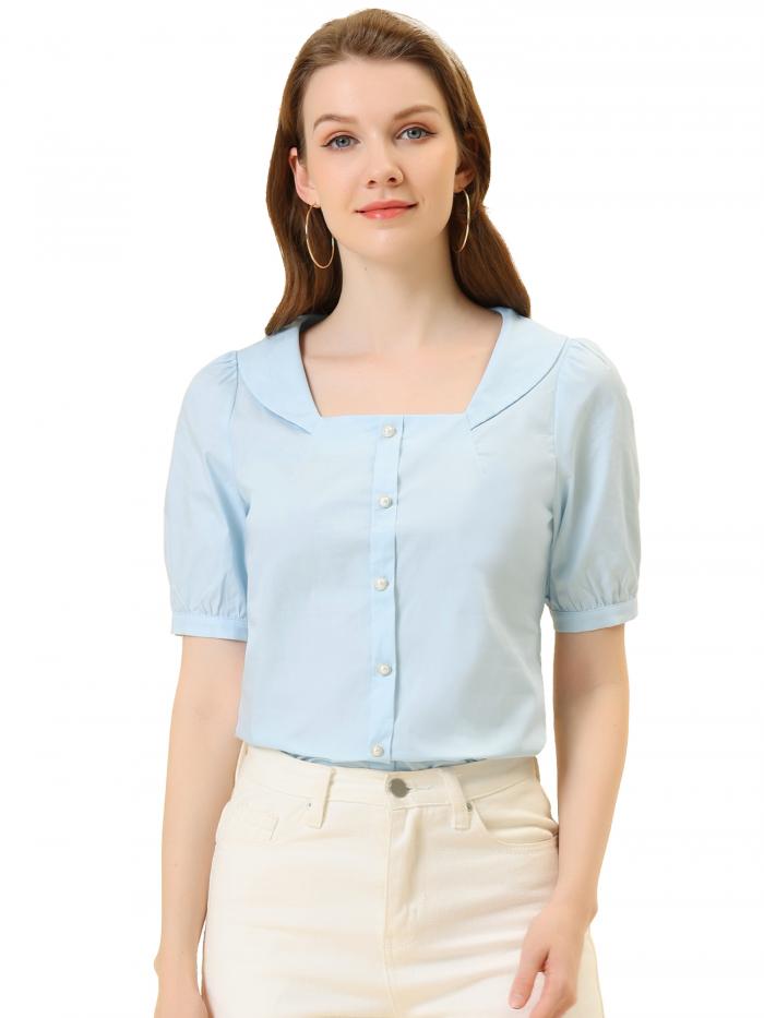 Allegra K ブラウストップス パフスリーブシャツ ピーターパンカラー スクエアネック ボタン 半袖 コットン レディース ライトブルー S