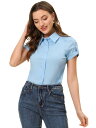 Allegra K ブラウス レディース 半袖 コットンブラウス 折り襟 ボタン シャツ オフィス カジュアル トップス 着痩せ おしゃれ 通勤 OL ライトブ...