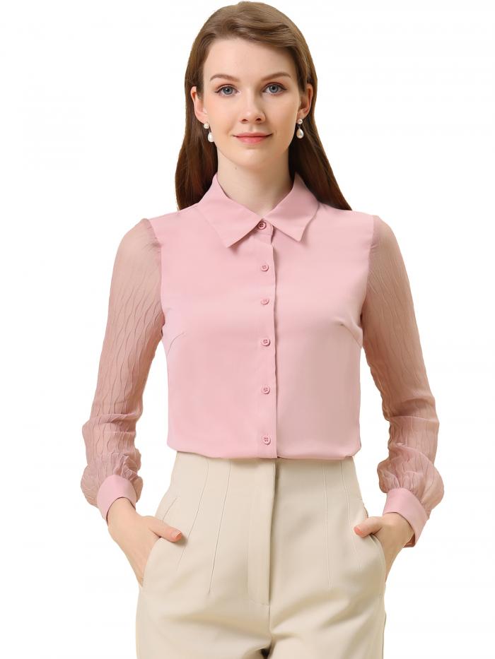Allegra K シャツ シースルー トップス ブラウス シフォン 長袖 レディース 無地 プルオーバー カジュアル おしゃれ 普段着 通勤 フォーマル 20代 30代 40代 春 秋 ピンク S