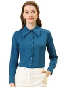Allegra K ブラウス レディース 半袖 コットンブラウス 折り襟 ボタン シャツ オフィス カジュアル トップス 着痩せ おしゃれ 通勤 レイクブルー S(4)