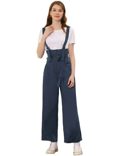 Allegra K サロペットパンツ ハイウエスト オーバーオール 前ボタン ワイドパンツ レディース ネイビーブルー S Allegra K サロペットパンツ ハイウエスト オーバーオール 前ボタン ワイドパンツ レディース ネイビーブルー S