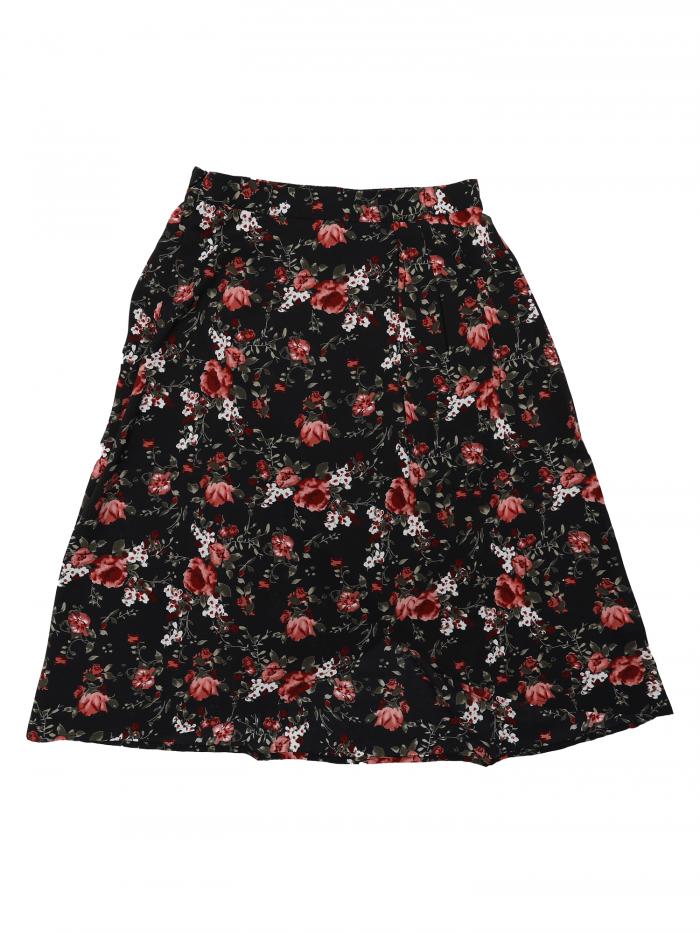 Allegra K ミディスカート 花柄 ハイウエスト アシンメトリー 裾 フレア フェイクラップ レディース ブラック S