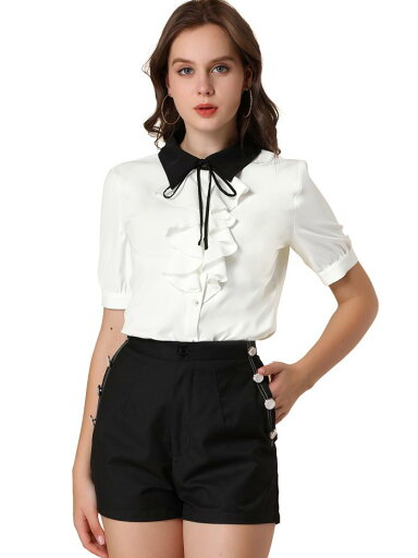 Allegra K シフオンブラウス ネクタイ 通勤シャツ フリル フロントボタン 半袖 コントラストカラー レディース ホワイト XL Allegra K シフオンブラウス ネクタイ 通勤シャツ フリル フロントボタン 半袖 コントラストカラー レディース ホワイト XL