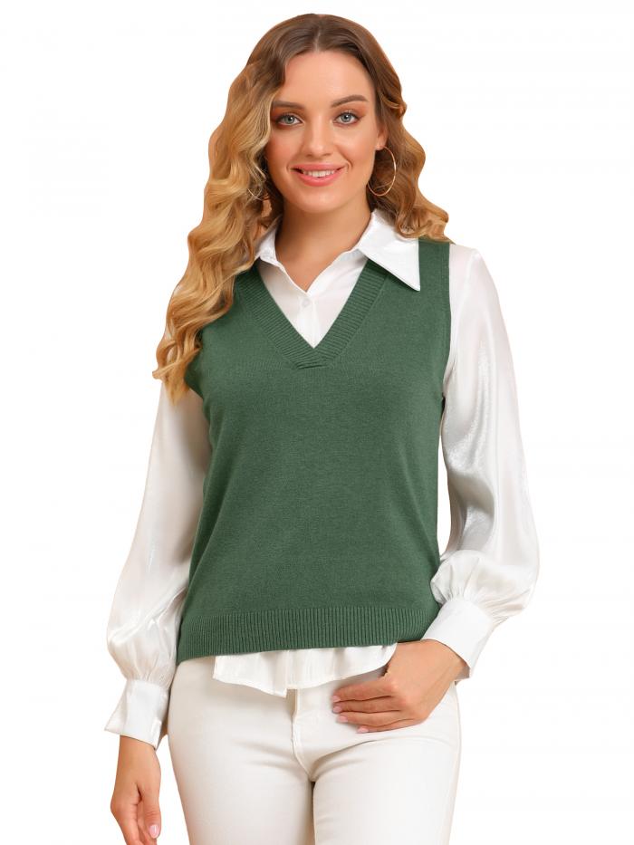 Allegra K セーターベスト Vネック ノースリーブ プルオーバー 袖なし レディース グリーン S