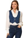 Allegra K デニムジャンベストノースリーブ ボタンアップ ジャケット クロップ スクープネック レディース ダークブルー L