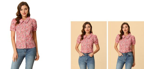 Allegra K フローラルブラウス パフスリーブターンダウンカラーボタンダウン レディース ピンク L