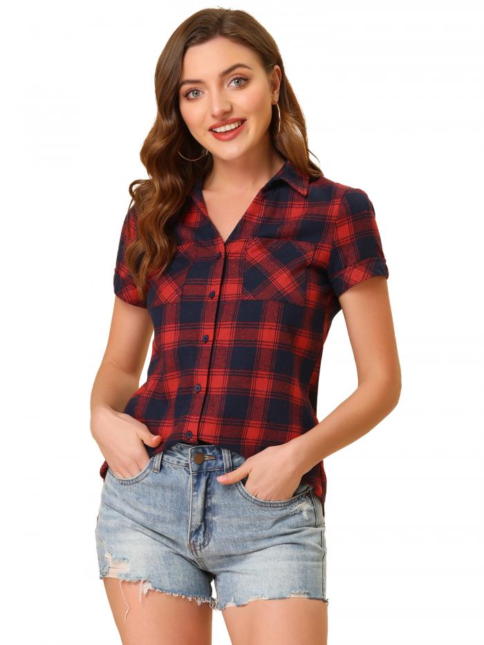 Allegra K 赤チェックシャツ 半袖 フランネル レディース ボタンダウン カジュアル 夏 ダークブルーレッド XL