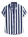 Lars Amadeus ストライプシャツ ビーチシャツ 半袖 カラーブロック ボタンダウン リラックスフィット メンズ ネイビーブルー L