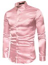 Lars Amadeus ドレスシャツ サテン ポイントカラー 長袖 ボタンダウン スリムフィット メンズ ピンク XL