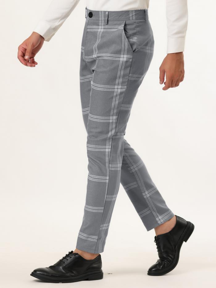 Lars Amadeus チェック柄 パンツ チェック ビジネス ロングパンツ カジュアル スリム メンズ グレー 34