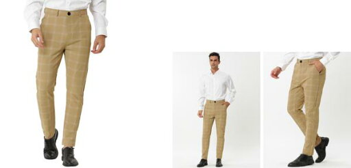 Lars Amadeus チェック柄 チノパンツ ロングパンツ スリム ビジネス ペンシルパンツ ポケット付き メンズ カーキ 34