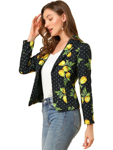 Allegra K ブレザー ジャケット 花柄 長袖 ノッチドラペル 前開き ショート丈 レディース ブラック レモン XS Allegra K ブレザー ジャケット 花柄 長袖 ノッチドラペル 前開き ショート丈 レディース ブラック レモン XS