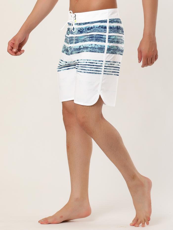 Lars Amadeus メンズストライプビーチショーツカラーブロックスイミングドローストリングボードサーフィンショーツ ホワイトブルー 32