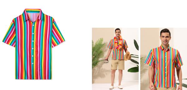 Lars Amadeus プリントシャツ 半袖 ボタンダウンシャツ ビーチトップス サマー 縦縞 メンズ レインボー XL
